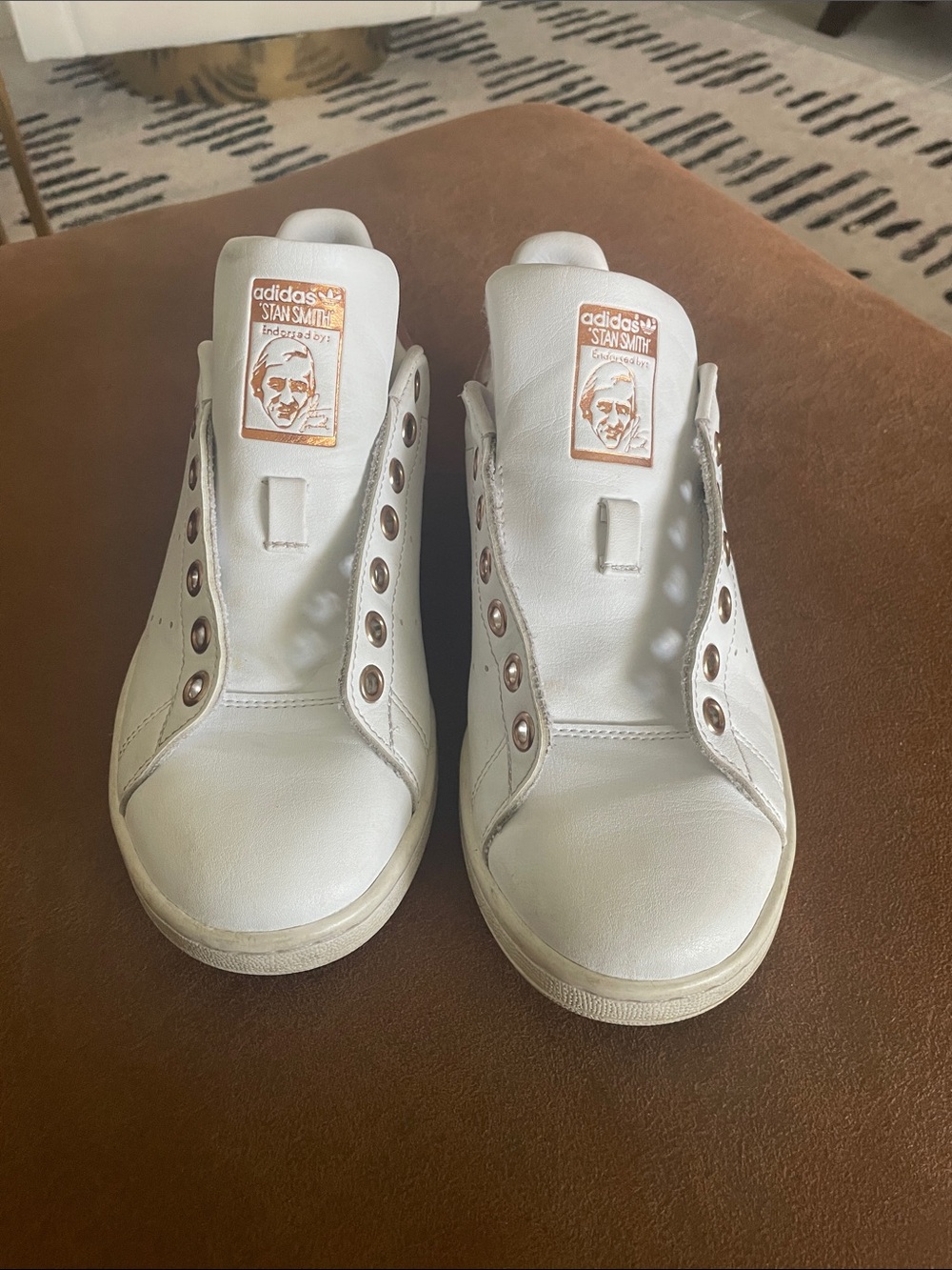Woman’s Adidas Stan Smith white and rose gold metallic sneakers size 6.5